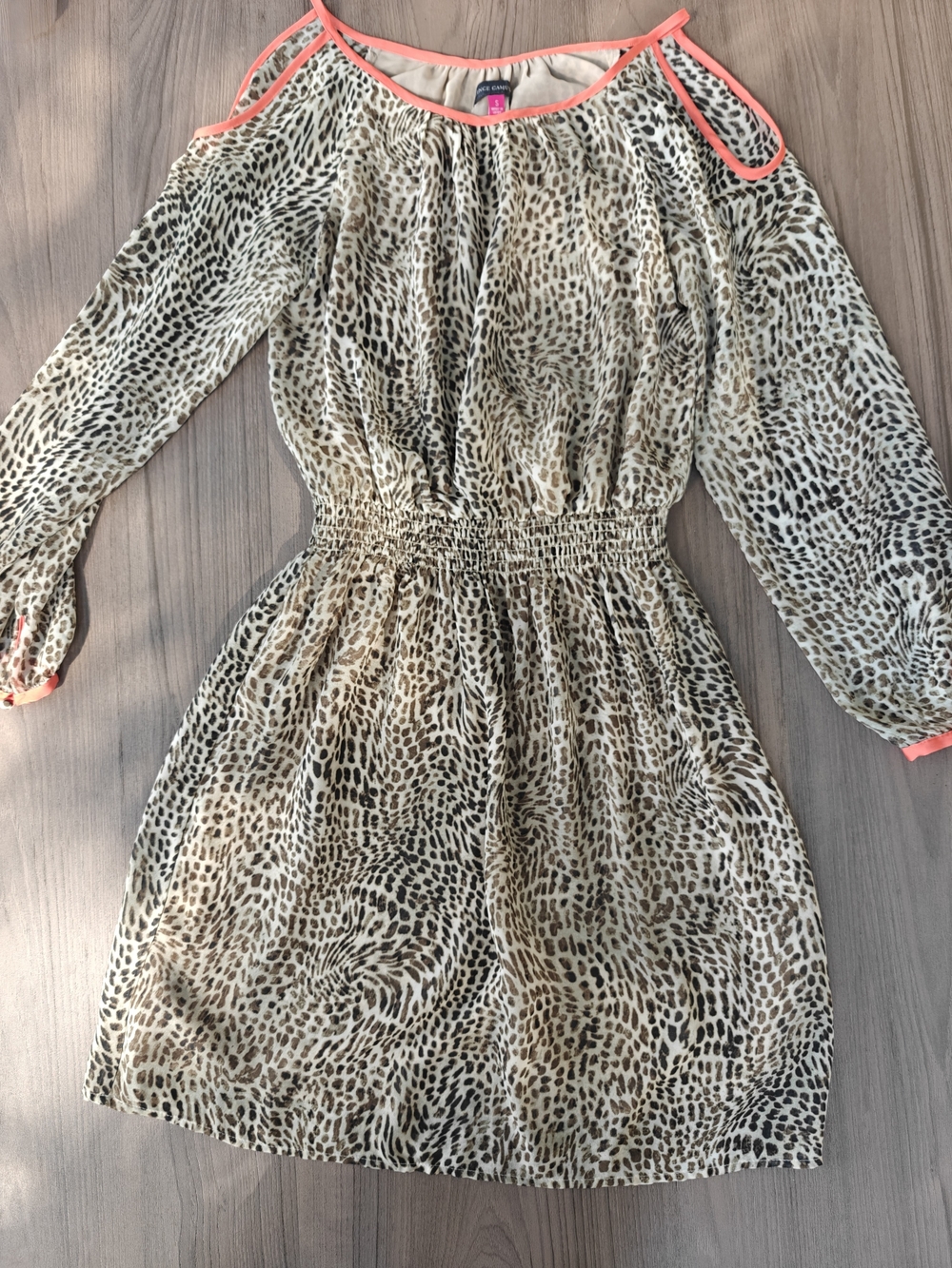 Vince Camuto Beige Leopard Print Cold-Shoulder Dress with Coral Trim